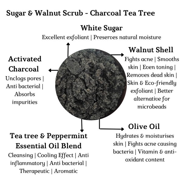 Sugar & Walnut Scrub for Face & Body - Charcoal & Tea Tree